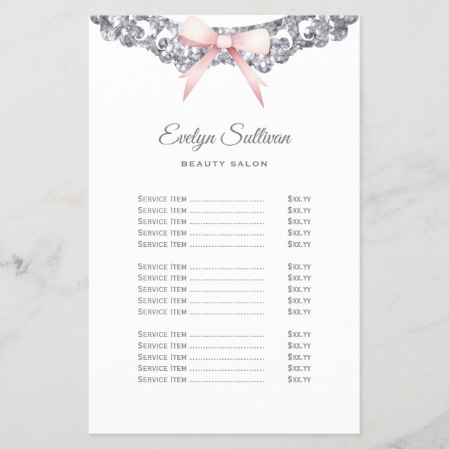 Silver glitter frame pink bow price list flyer (Front)