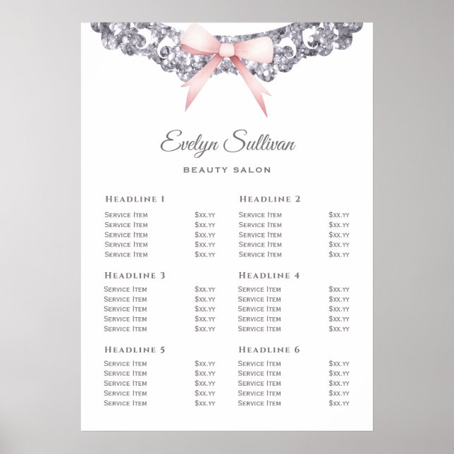 Silver glitter frame pink bow price list poster (Front)
