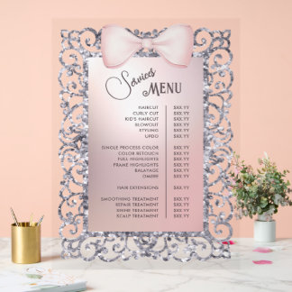 Silver Glitter Frame Pink Bow Services Menu Acrylic Sign