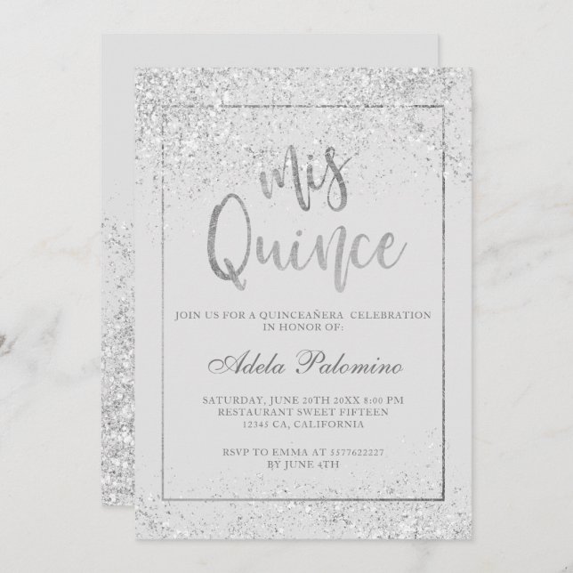Silver glitter frame script grey Quinceañera Invitation (Front/Back)