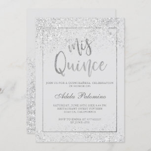 Silver glitter frame script grey Quinceañera Invitation