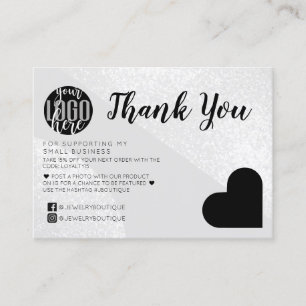 Silver Glitter Geo Heart Logo Customer Thank You Business Card