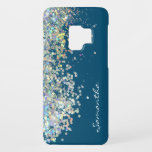 Silver Glitter Girly Custom Name Case-Mate Samsung Galaxy S9 Case<br><div class="desc">Fun girly faux silver glitter on blue coloured background. Custom name option. Modern,  trendy,  and cute.</div>