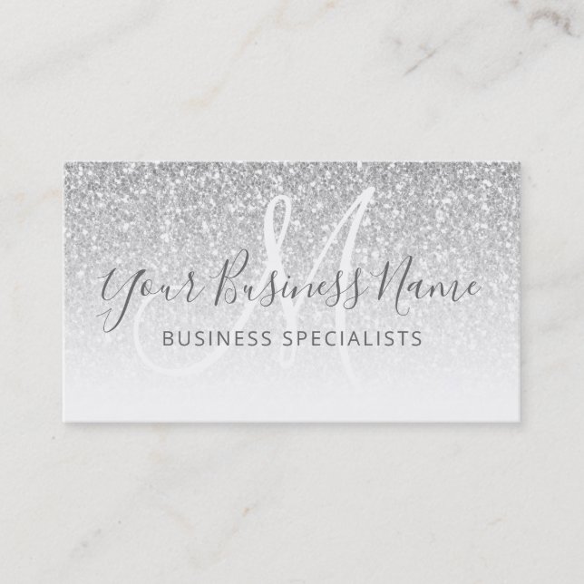 Silver Glitter Girly Script Business Logo Monogram Business Card (Front)