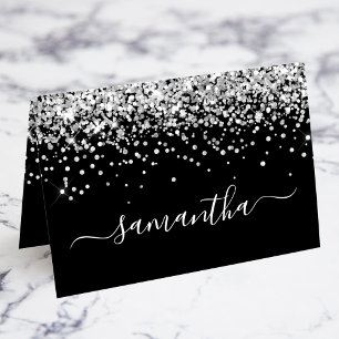 Silver Glitter Girly Signature Black Place Cards