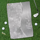 Silver Glitter Glam Bling Personalised Metallic<br><div class="desc">Easily personalise this silver brushed metal and glamourous faux glitter patterned golf towel with your own custom name.</div>