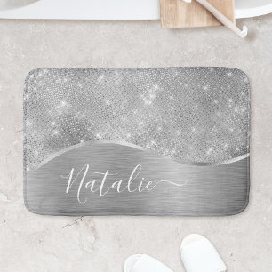 Silver Glitter Glam Bling Personalised Metallic Bath Mat