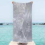 Silver Glitter Glam Bling Personalised Metallic Beach Towel<br><div class="desc">Easily personalise this silver brushed metal and glamourous faux glitter patterned beach towel with your own custom name.</div>