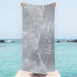 Silver Glitter Glam Bling Personalised Metallic Beach Towel