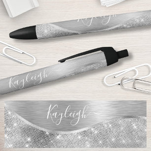 Silver Glitter Glam Bling Personalised Metallic Black Ink Pen