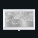 Silver Glitter Glam Bling Personalised Metallic Business Card Holder<br><div class="desc">Easily personalise this silver brushed metal and glamourous faux glitter patterned business card holder with your own custom name.</div>