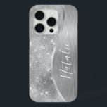 Silver Glitter Glam Bling Personalised Metallic iPhone 15 Pro Case<br><div class="desc">Easily personalise this silver brushed metal and glamourous faux glitter patterned phone case with your own custom name.</div>