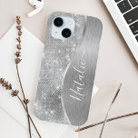 Silver Glitter Glam Bling Personalised Metallic iPhone 15 Case<br><div class="desc">Easily personalise this silver brushed metal and glamourous faux glitter patterned phone case with your own custom name.</div>