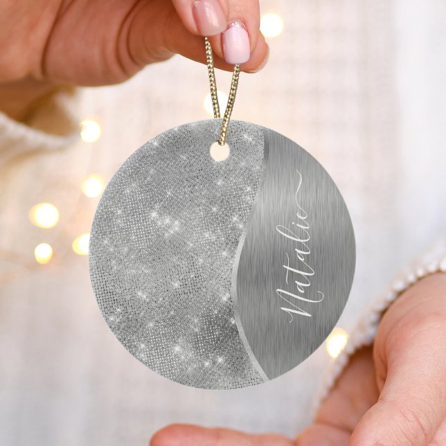 Silver Glitter Glam Bling Personalised Metallic Ceramic Tree Decoration (Creator Uploaded)