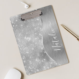Silver Glitter Glam Bling Personalised Metallic Clipboard
