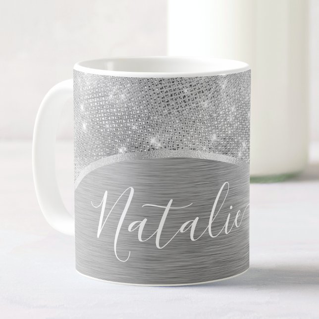 Silver Glitter Glam Bling Personalised Metallic Coffee Mug (Creator Uploaded)