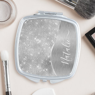 Silver Glitter Glam Bling Personalised Metallic Compact Mirror