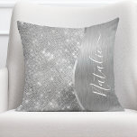 Silver Glitter Glam Bling Personalised Metallic Cushion<br><div class="desc">Easily personalise this silver brushed metal and glamourous faux glitter patterned throw pillow with your own custom name.</div>