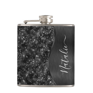 Silver Glitter Glam Bling Personalised Metallic Fl Hip Flask