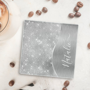 Silver Glitter Glam Bling Personalised Metallic Glass Coaster