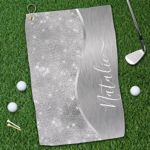 Silver Glitter Glam Bling Personalised Metallic Golf Towel