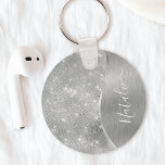 Silver Glitter Glam Bling Personalised Metallic Key Ring<br><div class="desc">Easily personalise this silver brushed metal and glamourous faux glitter patterned keychain with your own custom name.</div>