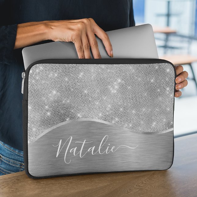 Silver Glitter Glam Bling Personalised Metallic Laptop Sleeve (Creator Uploaded)