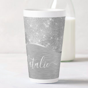 Silver Glitter Glam Bling Personalised Metallic Latte Mug