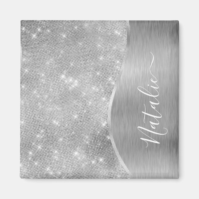 Silver Glitter Glam Bling Personalised Metallic Magnet (Front)