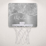 Silver Glitter Glam Bling Personalised Metallic Mini Basketball Hoop<br><div class="desc">Easily personalise this silver brushed metal and glamourous faux glitter patterned mini basketball hoop with your own custom name.</div>
