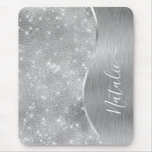 Silver Glitter Glam Bling Personalised Metallic Mouse Pad