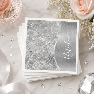 Silver Glitter Glam Bling Personalised Metallic Napkin