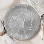 Silver Glitter Glam Bling Personalised Metallic Paper Plate<br><div class="desc">Easily personalise these silver brushed metal and glamourous faux glitter patterned paper plates with your own custom name.</div>