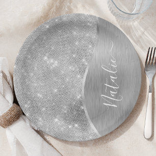Silver Glitter Glam Bling Personalised Metallic Paper Plate