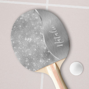 Silver Glitter Glam Bling Personalised Metallic Ping Pong Paddle