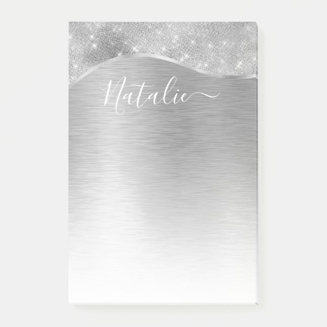 Silver Glitter Glam Bling Personalised Metallic Post-it Notes (Front)