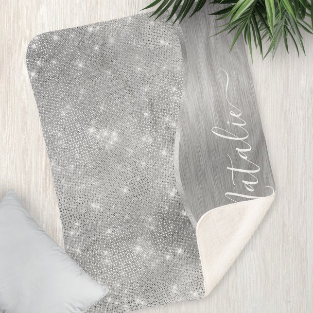 Silver Glitter Glam Bling Personalised Metallic Sherpa Blanket (Creator Uploaded)