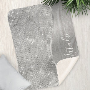 Silver Glitter Glam Bling Personalised Metallic Sherpa Blanket