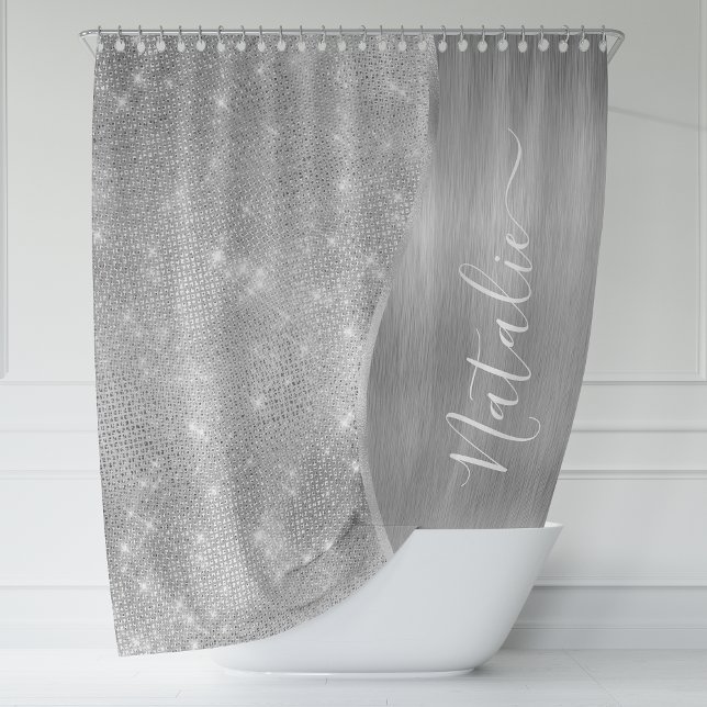 Silver Glitter Glam Bling Personalised Metallic Shower Curtain (Creator Uploaded)