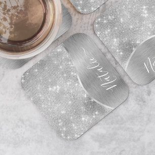 Silver Glitter Glam Bling Personalised Metallic Square Paper Coaster