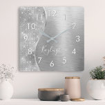Silver Glitter Glam Bling Personalised Metallic Square Wall Clock<br><div class="desc">Easily personalise this silver brushed metal and glamourous faux glitter patterned wall clock with your own custom name.</div>