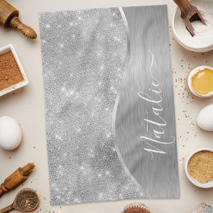 Silver Glitter Glam Bling Personalised Metallic Tea Towel