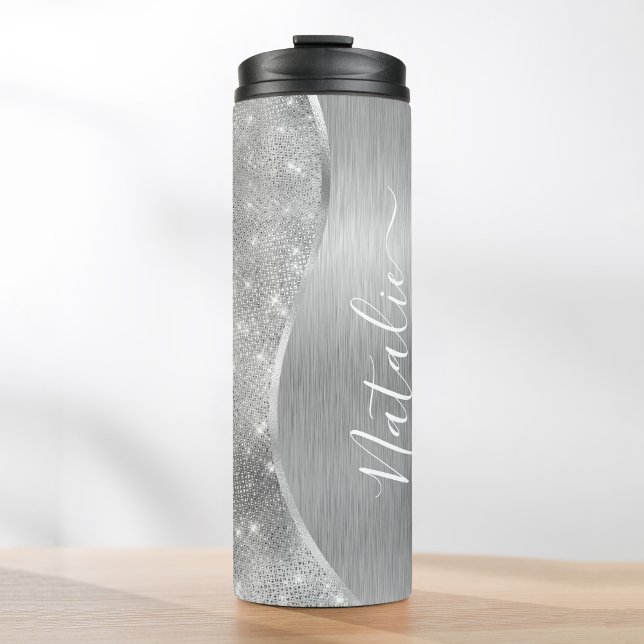 Silver Glitter Glam Bling Personalised Metallic Thermal Tumbler (Creator Uploaded)