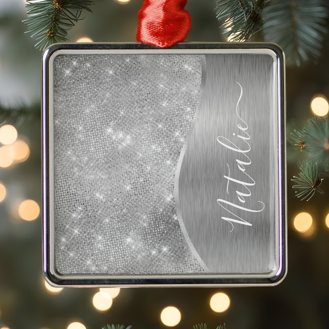 Silver Glitter Glam Bling Personalized Metallic Metal Tree Decoration (Creator Uploaded)