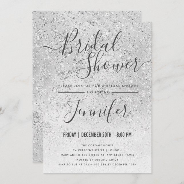 Silver Glitter Glam Bridal Shower Invitation (Front/Back)