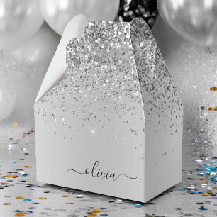 Silver Glitter Glam Metal Monogram Name Favour Box