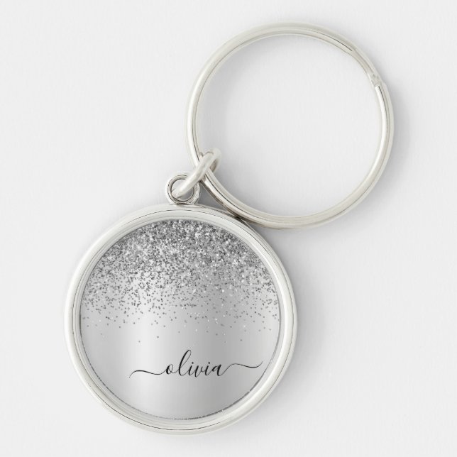 Silver Glitter Glam Metal Monogram Name Key Ring (Front)