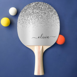 Silver Glitter Glam Metal Monogram Name Ping Pong Paddle