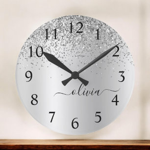 Silver Glitter Glam Metal Monogram Name Round Clock