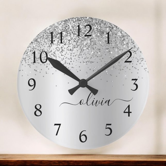 Silver Glitter Glam Metal Monogram Name Round Clock (Creator Uploaded)